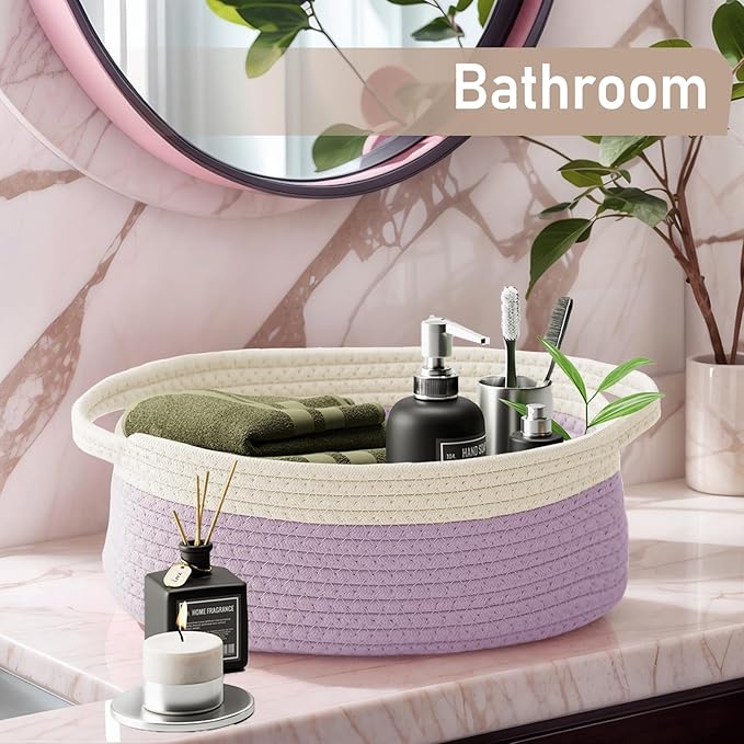 JMvicyroam Woven Basket,Small Rope Storage Bin with Handles & Ribbon Bag, Organizer for Shelves Closets,Gift Basket Empty for Birthday,Books,Dog Toys, White&Purple