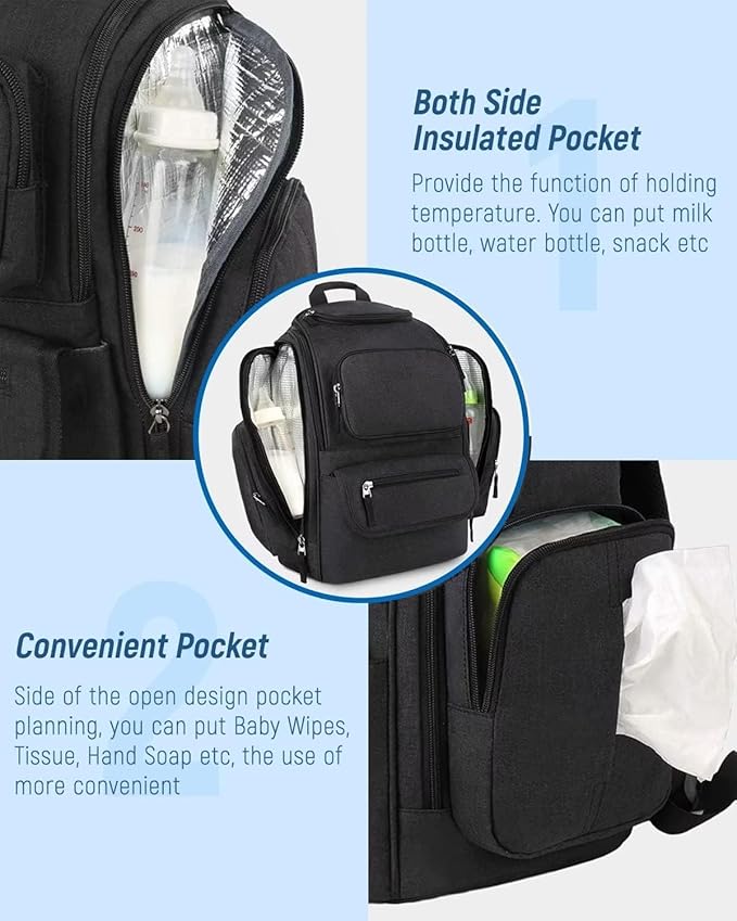 Mancro Diaper Bag Backpack, Multifunctional Baby Bag with Large Capacity and Waterproof Fabric,Diaper Backpack for Moms and Dads with 2 Side Insulated Pockets, Pink and Beige