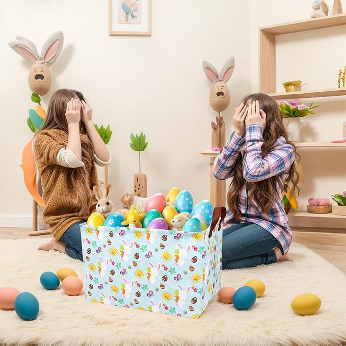 ASKETAM Easter Basket for Kid Large Empty Rectangular Cute Easter Gift Storage Basket Bunny Eggs Décor (Rabbit Butterfly Sun)