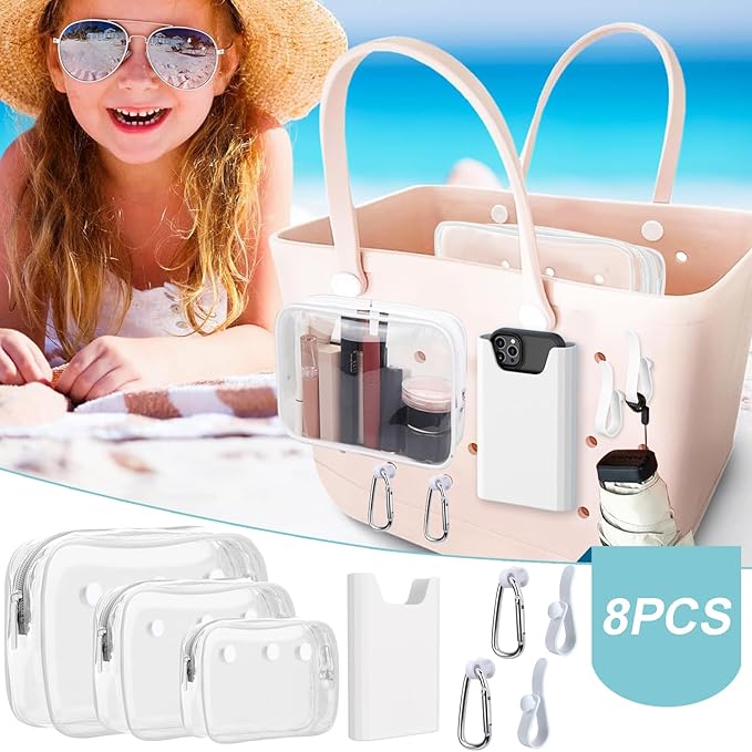 3 Packs Clear Bogg Beach Tote Bag with 2 Pack Insert Hooks Accessories for Bogg Bags Travel Makeup Clean Toiletry Brush Organizer Cosmetic Divider Storage Inner Pouch
