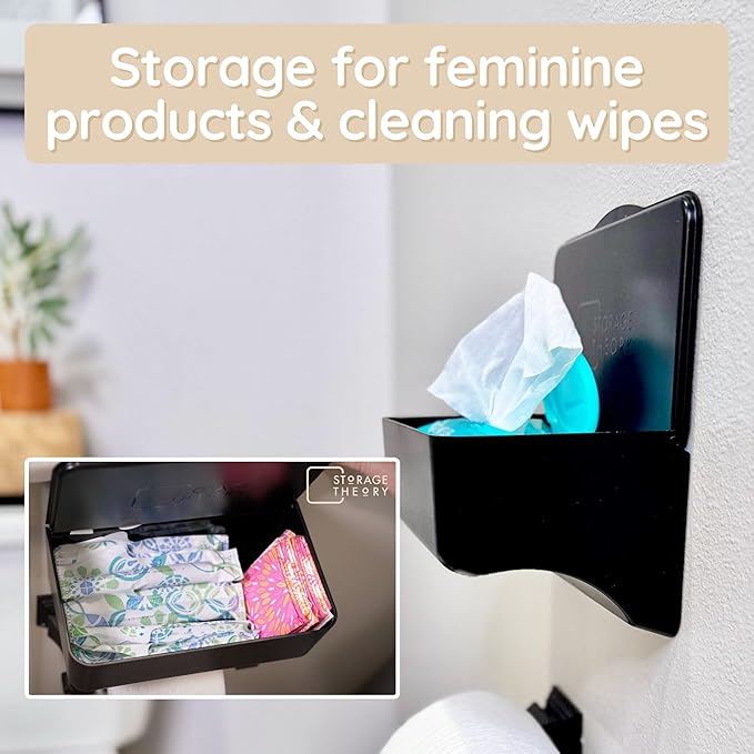 Wipe Holder for Bathroom – Adhesive Wall Mount Organizer – Bathroom Shelf & Baby Wipes Dispenser – Black, 2 Pack