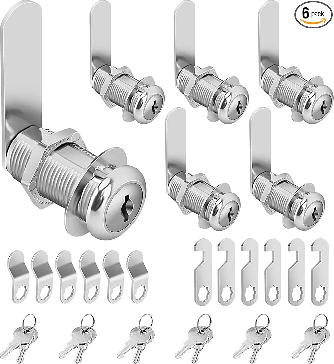 Cam Lock Cabinet Lock Keyed Alike, 1-3/8'' (Length) Cylinder Secure File Drawer Mailbox RV Storage Replacement Set, Chrome-Finish Zinc Alloy (1-3/8 Inch 6Pcs)