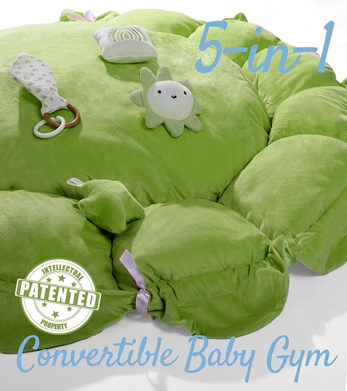 5-in-1 Thick & Plush Baby Play Gym, Baby Play Mats for Floor, Tummy Time Mat with 6 Toys, Convertible Stage-Based Developmental from Babies to Toddlers, Ball Pit, Green