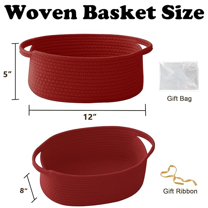 Small Woven Rope Basket-Empty Gifts Basket with Bag and Ribbons,Cute Handle Organizer Box for Birthday/Baby Shower, Toy Storage, Nursery Organizing & Shelf Decor(Red)