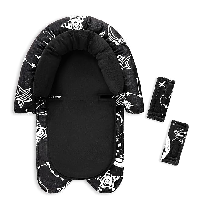 GFU Baby Car Seat Head Support for Newborn, 2 in 1 Infant Car Seat Head Body Support with Strap Pads, Soft Stroller Cushion Pillow Insert for Girls, Fits for Stroller, Swing, Black Star