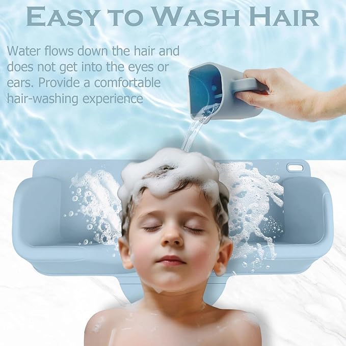 nestery Portable Hair Washing Station for Kids, Silicone shampoo bowl with Rinse Cup & Scalp Massager, Hair Washing Basin for Sink or Bathtub at Home with Neck Support Blue