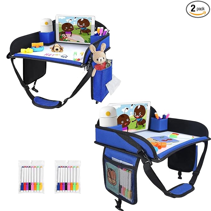 Kids Travel Tray, 2Pcs Kids Travel Trays for Car Seat, Road Trip Essentials for Toddler, Carseat Lap Tray Organizer for Road Trip, Airplane Activities for Kid, Blue