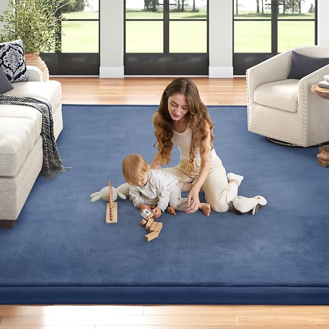Baby Play Mat 1.2" Thick Memory Foam Nursery Rug Area Rug, 13'1" x 6'7", Velvet, Blue