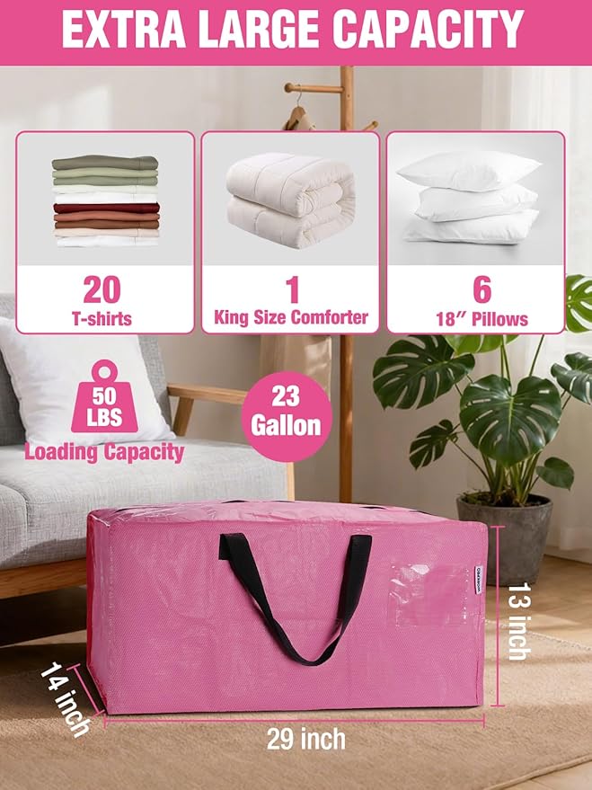 WORKPRO 2 Pack Extra Large Moving Bags with Zippers & Carrying Handles Backpack Straps, Heavy-Duty Storage Tote for Space Saving Moving Storage (Pink)