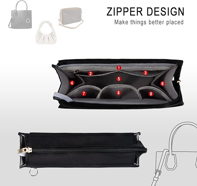 Vercord Purse Organizer Insert with Zipper for Women Hobo Handbags Shaper Insert 12 Pockets Bag Black X Large