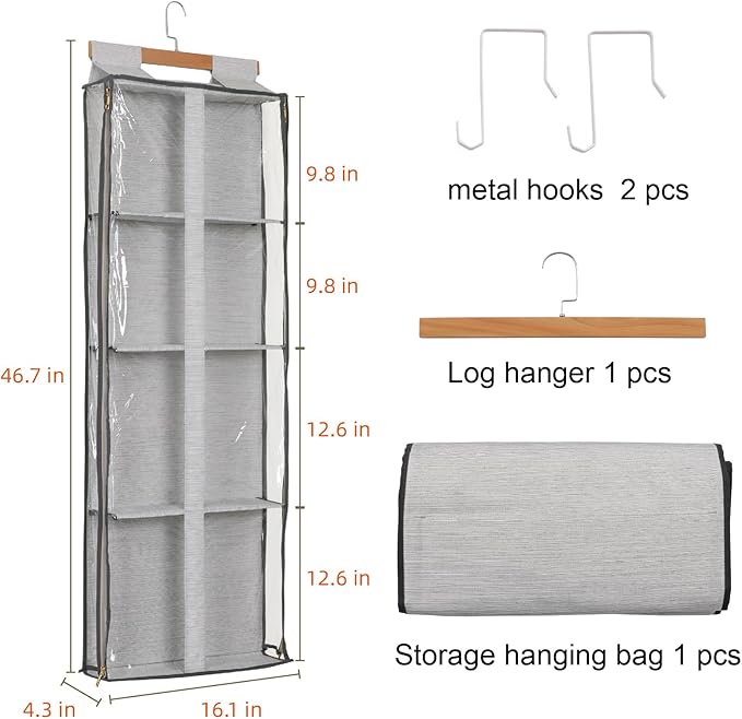 JINOKADI Clear Hanging Handbag Storage Organizer with Zippers, Easy Access Purse,Toy,Yarn,Hat Storage Holder Over The Door Purse Organizer Space Saving 4 Pockets for Closet Bedroom Living Room (Grey)