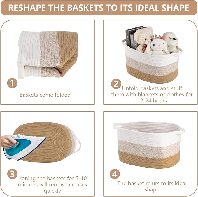 AOFANGSHIYE Cotton Rope Braid Storage Basket for Baby Carrier Toy Storage Bag Gift Basket for Kids Laundry Basket Baby Blanket Storage Measures 15x10x10 inches. (Khaki White)