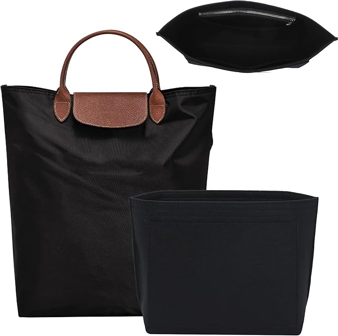 Premium Felt Purse Organizer Insert for Longchamp Le Pliage M Top Handle Tote Bag, Lighweight Long Champ Medium Tote Divider with Zipper Pocket,Bags Storage Shaper with 7 Pockets, Black/SM