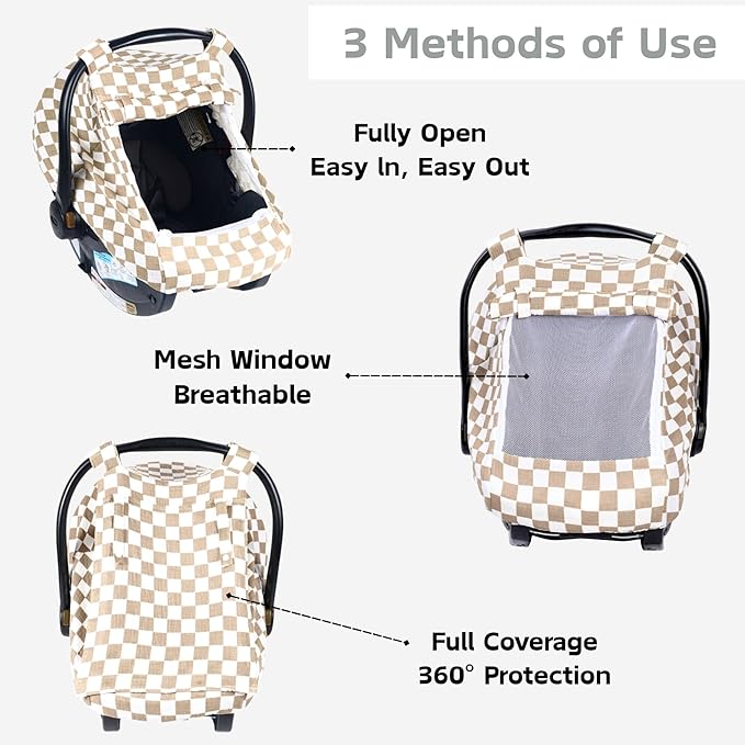 Summer Muslin Car Seat Cover for Baby – Breathable & Privacy Canopy with Large Mesh Window,3 Adjustable Modes,Easy Install Universal Fit for Infant Car Seats (Khaki Checkered)