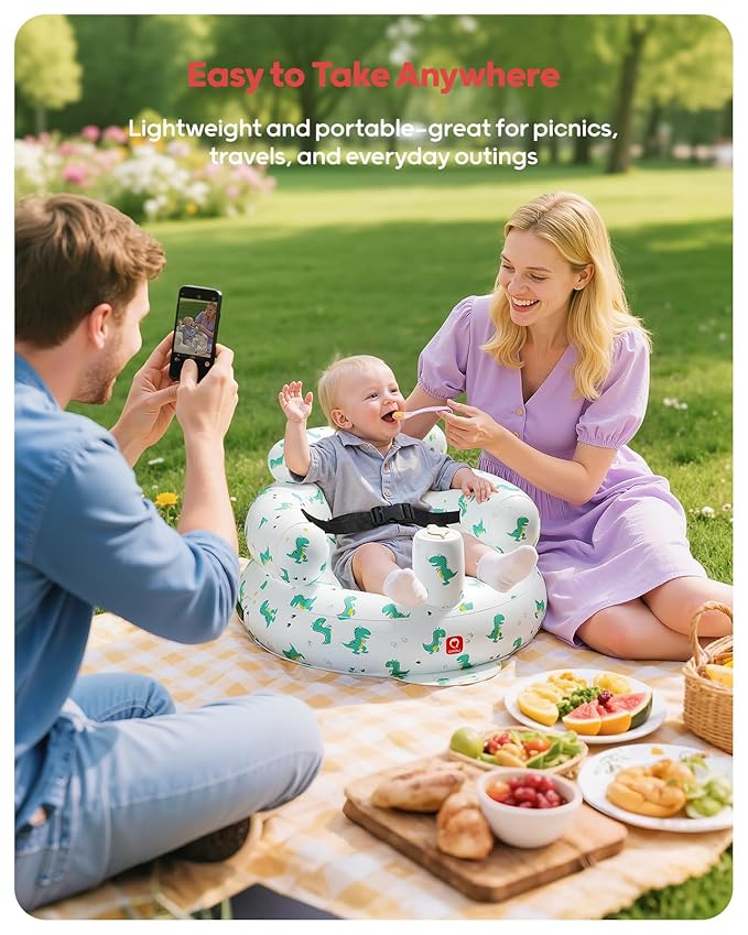 QPAU Inflatable Baby Seat with Safety Harness for Babies 3 Months & Up, Baby Floor Seats for Sitting Up, Baby Seats for Infants, Blow Up Baby Chair with Built in Air Pump (Green Dinosaur Pattern)
