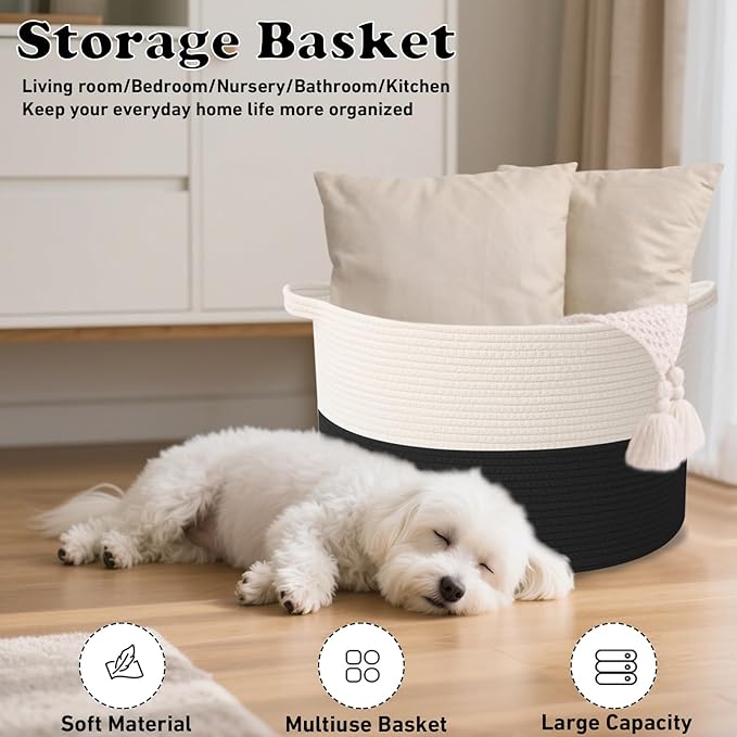 Large Storage Basket with Handle,19.7" L x 19.7" W x 13" H Blanket Basket Storage Bins for Organizing,65L Cotton Rope Woven Baskets for Living Room, Nursery,Bedroom,White&Black