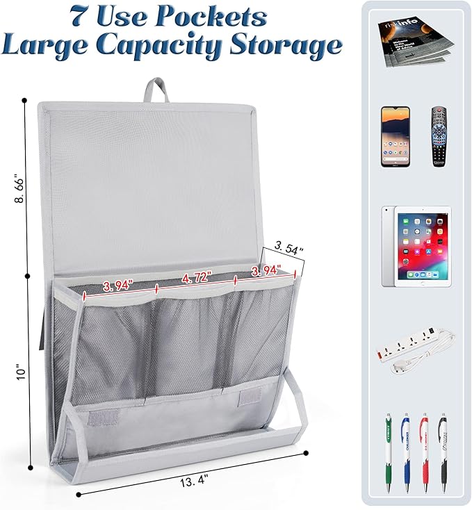 Retyion Bedside Storage Organizer with Power Strip Holder and Adjustable Straps Bed Hanging Bag for Home Bunk Bed Dorm Sofa (Light Gray)