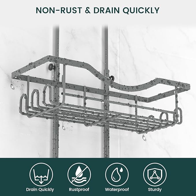 REINHARDT Shower Caddy Hanging Adjustable, Extended Length Rustproof Shower Caddy Over Shower Head with Hooks Soap Holder, Large Capacity Shower Organizer Anti-Swing Bathroom Organizer, Grey