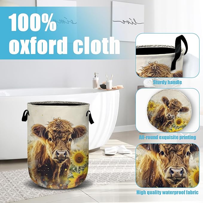 Highland Cow Sunflowers Laundry Basket, Laundry Hamper Collapsible Oxford Cloth with Handle Clothes Toy Storage Bin for Bathroom Laundry Room Bedroom 15.7 X 20 Inch