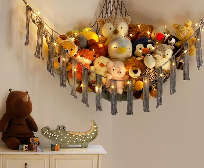 Stuffed Animal Hammock Corner Storage with LED Light - Pluish Hammock Large Plushie Net - Stuffed Animal Holder Hanging Organizer - Teddy Bear Hammocks Room Decorations