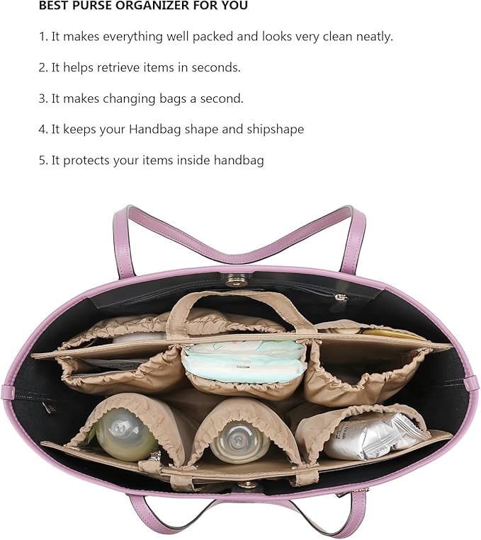 Lmbabter Removable Organizer Insert with Insulated Pocket,Updated Diaper Bag with 11 Total Pockets&Changing Pad, Handbag Tote Bag for Women Mommy Nurse (Brown)