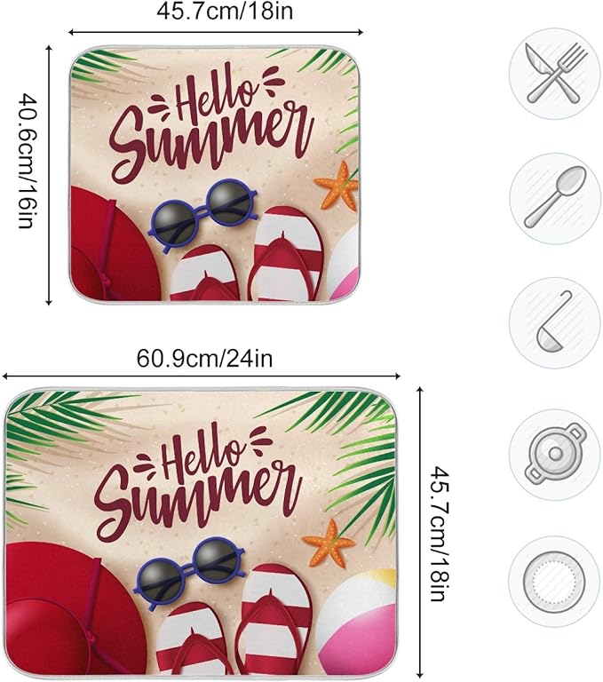 Hello Summer Dish Drying Mat for Kitchen Counter 16x18 in, Flip Flop Tableware Bottle Dryer Rack Mats for Kitchen Sink