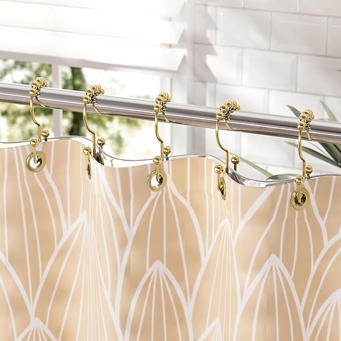 Amazer Gold Shower Curtain Hooks Rings, Stainless Steel Shower Curtain Rings, 12Pcs Double Glide Shower Hooks for Bathroom Shower Curtain Rods Dual Rust-Resistant Shower Rings
