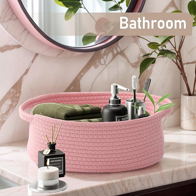 JMvicyroam Woven Basket,Small Rope Storage Bin with Handles & Ribbon Bag, Organizer for Shelves Closets,Gift Basket Empty for Birthday,Books,Dog Toys, Pink/2 Pack