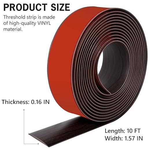 10Ft Floor Transition Strip Self Adhesive Vinyl Cover Floor Strip Flat Divider Transition Strip Wood Grain Design for Laminate Floor Gaps and Doorway Transitions (10Ft x 1.57 Inch, Brown)