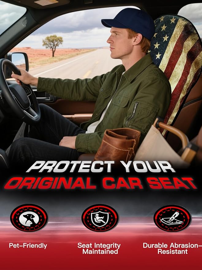TESFEEL Universal Car Seat Cover Towel, Waterproof Washable Sweat Protection for Front Bucket Seats, Non-Slip Fit, Fits Cars SUVs Trucks, Ideal for Gym, Kids, Travel (American Flag, 2 Pack)