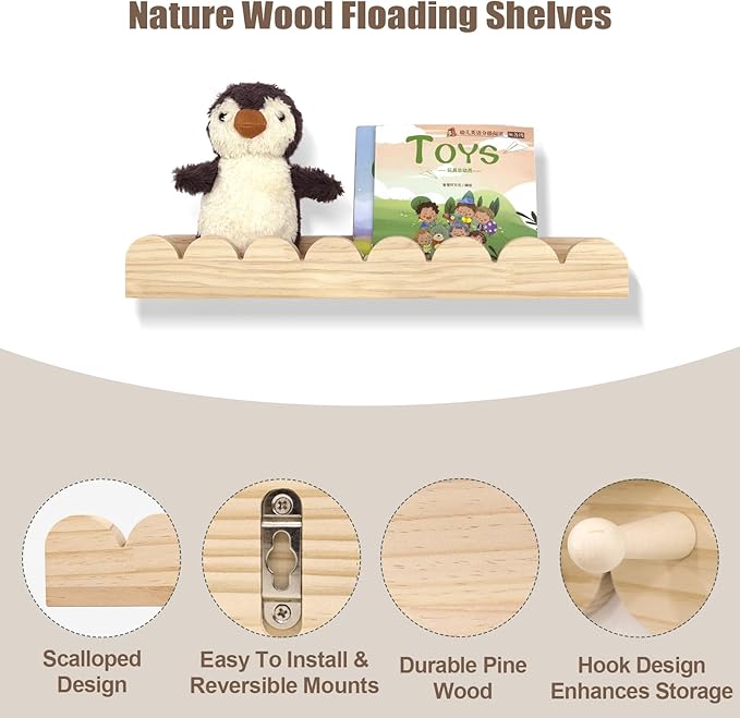 Nursery Shelves for Wall with Hooks-Scalloped Wall Book Shelves for Bedroom Kids Set of 3, Nursery Furniture Must Have, 16 Inch, Natural