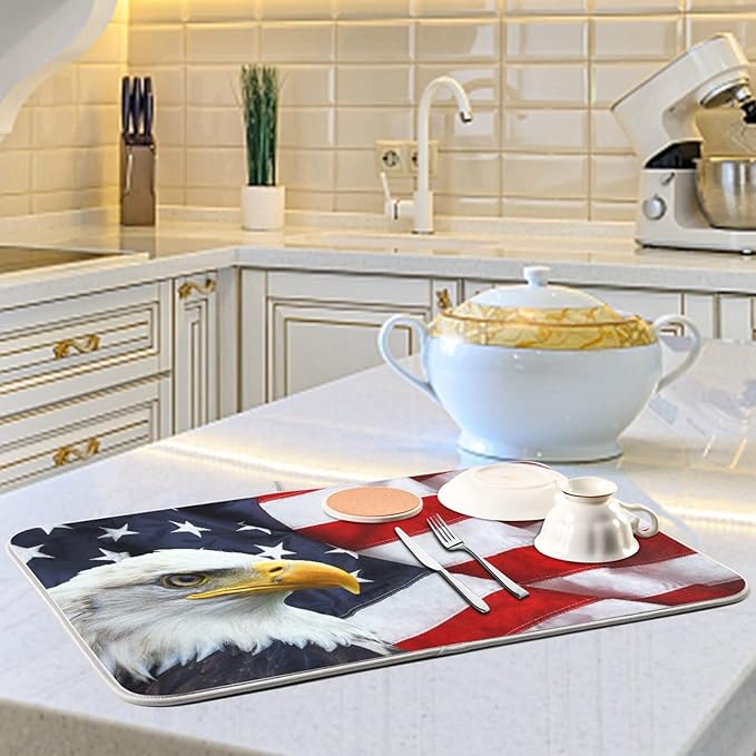 Absorbent Dish Drying Mat for Kitchen Counter - Flag Eagle American Microfiber Drying Pad, Reversible Drainer Mats for Countertop, Large 18" x 24"