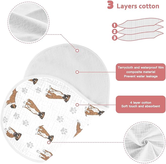 Qinllo 4 Pack Muslin Burp Cloths Boxer Dogs White Cotton Baby Burp Cloths Ultra Soft Burping Cloth Absorbent Spit Up Rags for Newborn Boys Girls 22x11 Inch