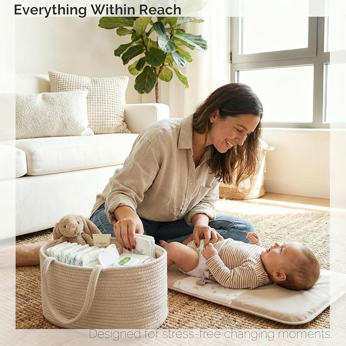 luxury little Diaper Caddy Organizer, Large Cotton Rope Nursery Baby Basket, Changing Table Organizer for Baby Diaper Storage, Portable Car Organizer Removable Divider (Oatmeal, Extra Large)