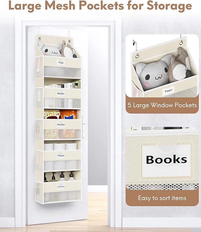 Over The Door Organizer Hanging, 5 Shelf Behind The Doors Storage, Pantry Door Organizer, Closet Organizers for Bedroom and Nursery (Beige)