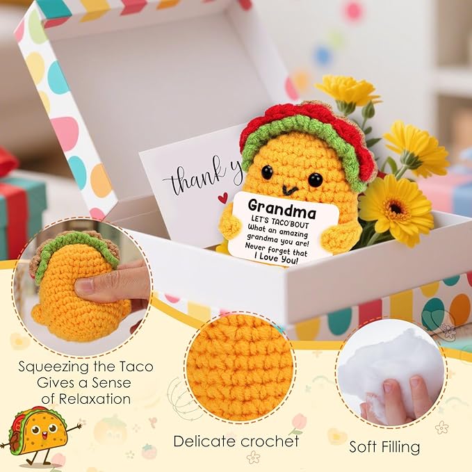LuoHere Grandma Gifts Mothers Day Birthday Gifts for Grandmother from Grandkids, Gigi Gift for Great Best Grandma Ever Mothers Day Christmas Funny Granny Grandparents Mimi Nana Handmade Crochet Taco