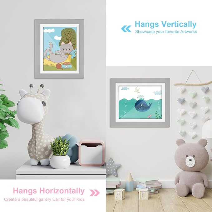 [2-Pack] Kids Art Frames, 10x12.5 Front Opening Kids Artwork Frames Changeable, Gray Artwork Display Storage Frame for Wall, Holds 50 Pcs, for 3D Picture, Crafts, Children Drawing, Hanging Art,