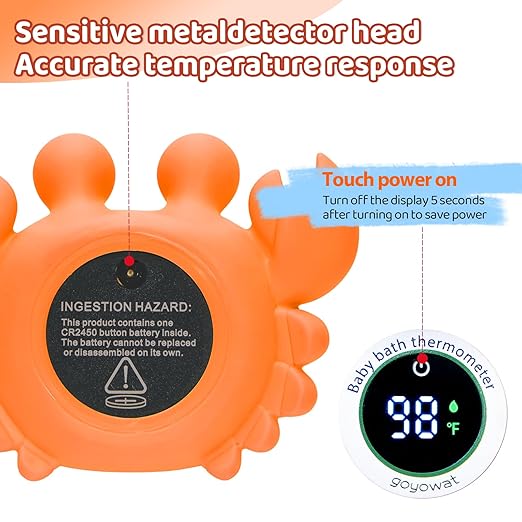 Baby Bath Thermometer, Bathtub Water Thermometer, Large Eyed Crab Toy Floating Water Temperature Gauge Baby Temperature Warning, LED Display Warning