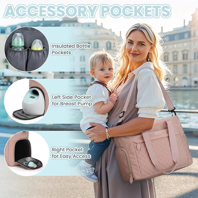 Pritent Diaper Bag Tote for Working Mom, Large Travel Diaper Tote for Mom and Dad with 14 Inch Laptop Sleeve, Mommy Maternity Travel Baby Bag for Boys and Girls, Pink