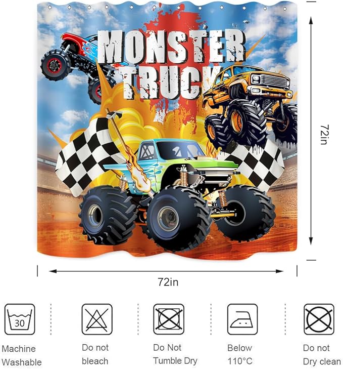 Monster Truck Shower Curtain Cool Cartoon Racing Car Boy Home Bathroom Decor Waterproof Fabric 72Lx72W Inch with Plastic 12PCS Hooks