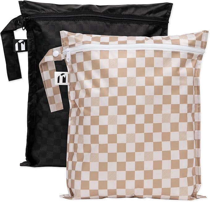 Bumkins Roamio Waterproof Wet Bag - For Baby, Travel, Swim Suit, Cloth Diapers, Pump Parts, Pool, Gym, Toiletry, Strap to Stroller - Reusable & Easy to Clean - 2pk - Beige & Black Check