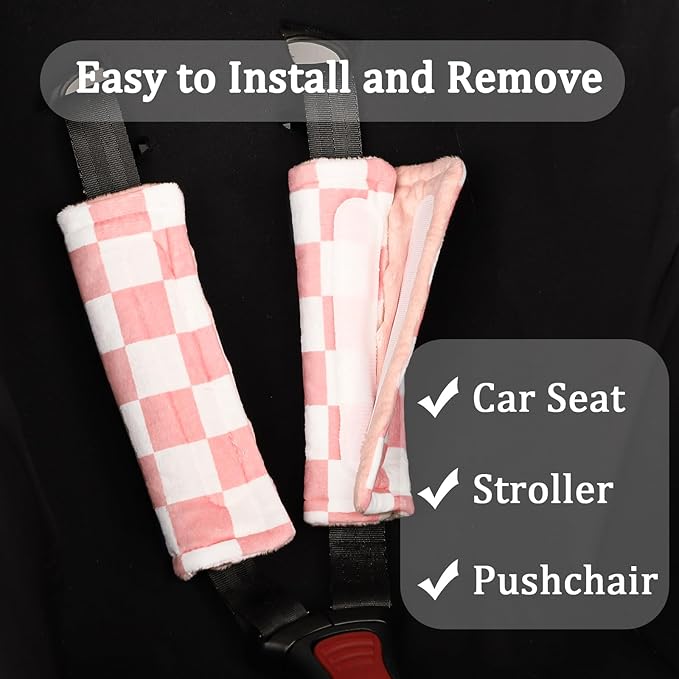 DILIMI Baby Car Seat Belt Covers, 2Pcs Carseat Shoulder Strap Pads, Soft Minky Car Seat Neck Covers, Newborn Car Seat Strap Protectors, Stroller Strap Covers for Baby Kids, Pink Checkered