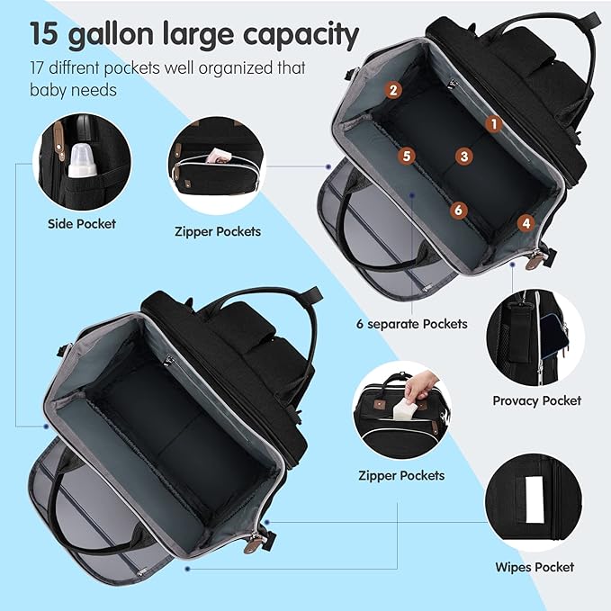 DERJUNSTAR Baby Diaper Bag Backpack with Changing Station, Large Capacity Baby Diaper Bags for Boys Girls, Waterproof Changing Pad, USB Charging Port, Pacifier Case, Sunshade and Toy Bar