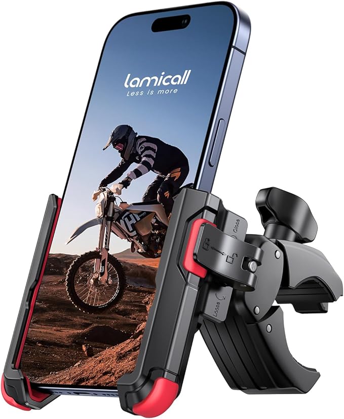 Lamicall Motorcycle Bike Phone Mount - [1s Quick Release] Bike Cell Phone Holder Clip, Bicycle Scooter Handlebar Clamp, for iPhone 17 16 15 14 Pro Max, Galaxy S25 S24 Ultra, 4.7-7" Phones, Red