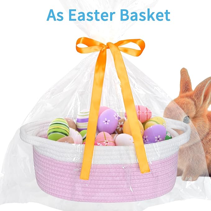ABenkle Small Basket with Gift Bags and Ribbons, Empty Gift Baskets for Mother's Day, Decorative Boho Rope Woven Nursery Storage Organizer Toy Baskets with Handle for Baby Showers, 12"X 8" X 5"