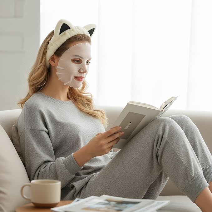 Cat Ears Headband, Cute Spa Headband and Wristband Set Washing Face Skincare Makeup Headbands for Women Girls Trendy Stuff Present Soft Coral Fleece Hair Accessories(1Beige+2Khaki)