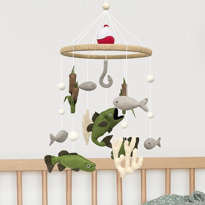 Baby Mobile for Crib Fishing Crib Mobile for Boys Handmade Vintage Hunting Nursery Decor for Infant Bedroom Hanging Rustic Lake House Decor Gone Fishing Party Decorations Baby Shower Gift