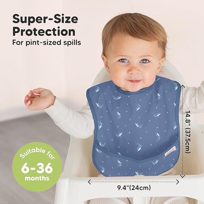 3-Pack Waterproof Baby Bibs for Eating - Lightweight Toddler Feeding Bibs with Large Food Catcher, Mess Proof, Food-Grade Baby Eating Essentials, Easy to Put On & Clean (Marine Muse)