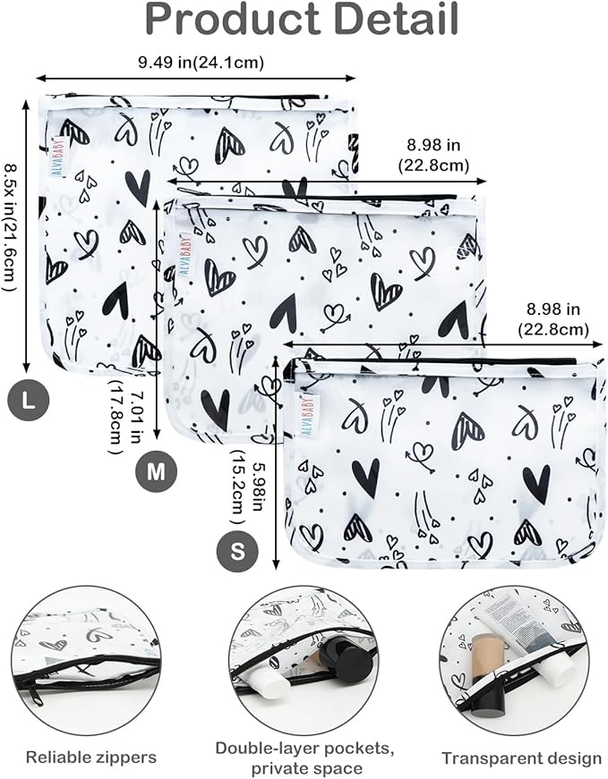 ALVA Diaper Bag Pouches | 3pcs Mess-Proof Travel Toiletry | TSA Approved Toiletry Bag | Cosmetic Makeup Bag Diaper Organizer for Baby and Mom Essentials