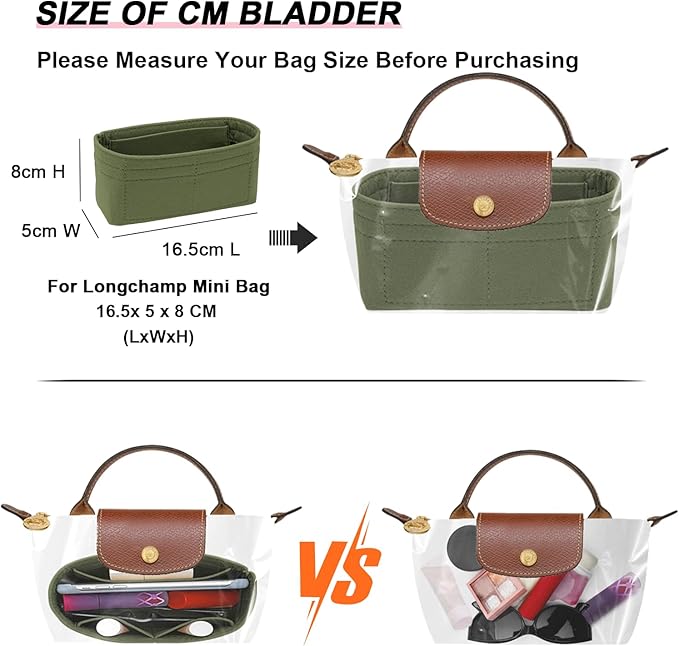 LOUKAYCCI Felt Mini Organizer Insert for Longchamp mini XS Bag,Purse Organizer Insert For Handbag (Green)
